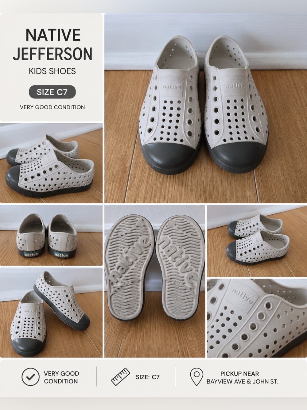Native Jefferson Kids Water Shoes in Light Gray with Charcoal Toe.Size C7